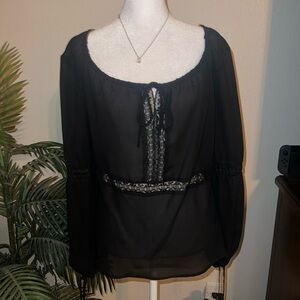 Vintage Black Peasant Sheer Lace Long Sleeve Top Size L